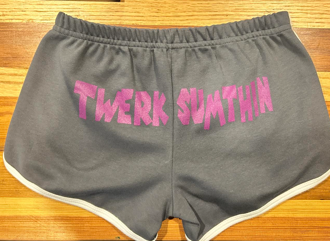 Twerk Sumthin - Grey Booty Shorts with Purple Writing